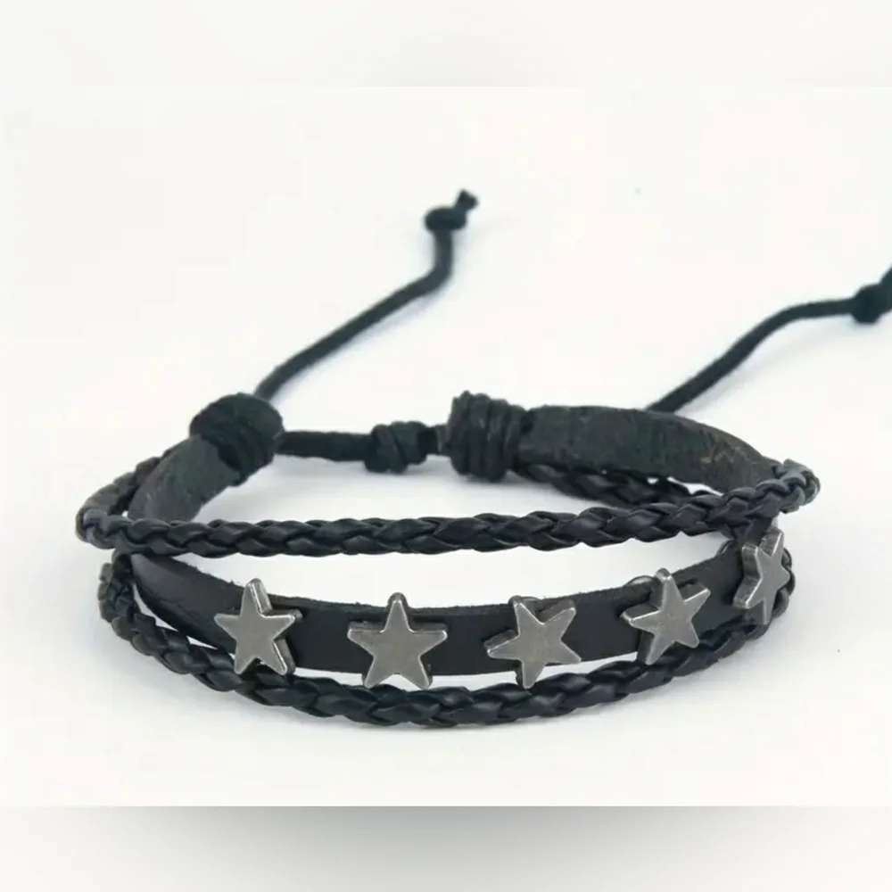 Black Braided Bracelet with Silver Stars